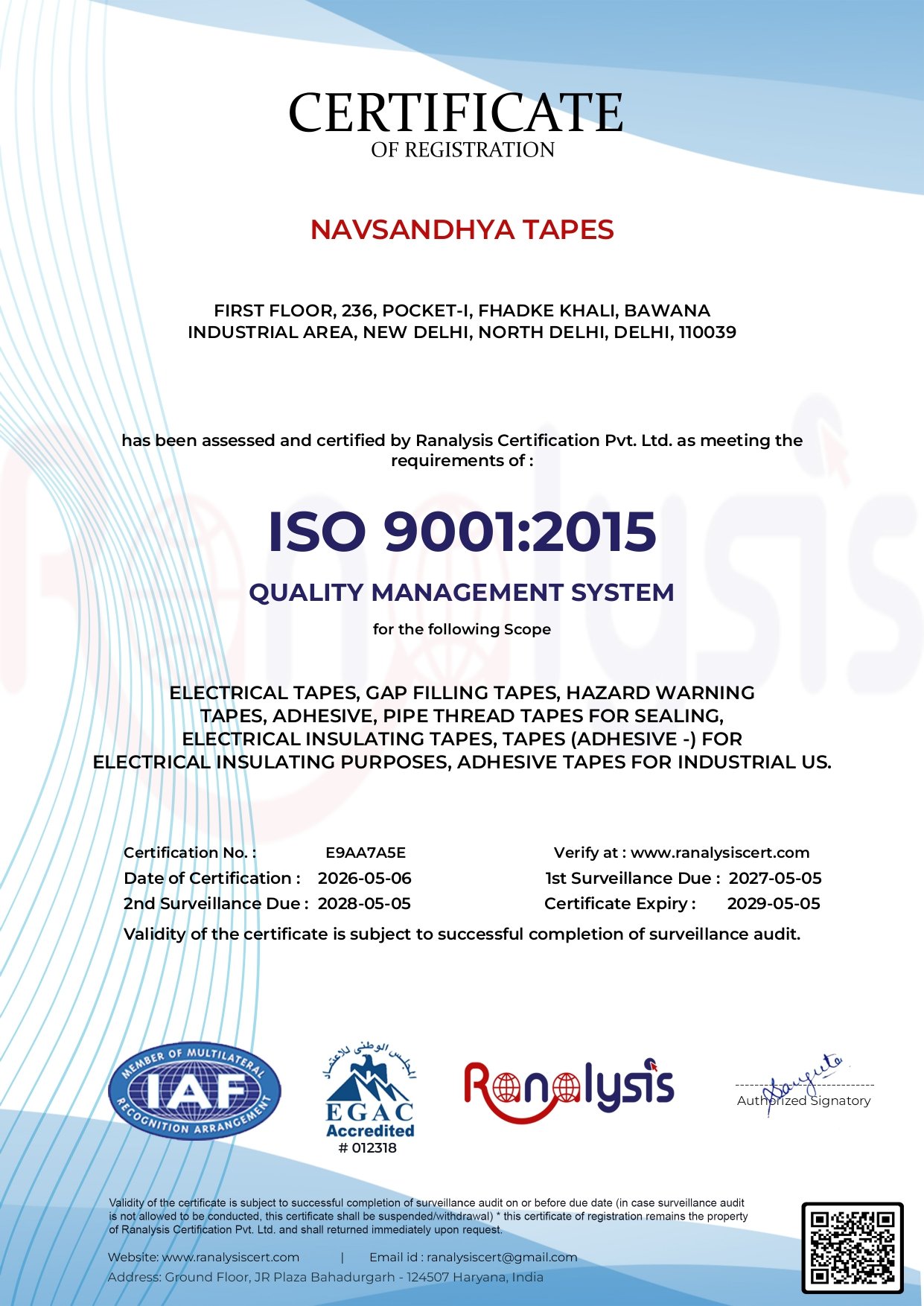 ISO 9001:2015 Certificate — Navsandhya Tapes